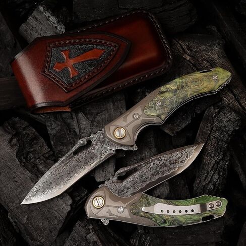 VG10 Damascus Steel Folding Knife, Stable Wood with Leather cover and pocket clip, Outdoor Survival Knife Portable EDC Camping, can be used as a gift in Kuwait