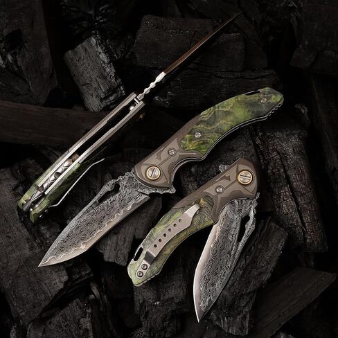 VG10 Damascus Steel Folding Knife, Stable Wood with Leather cover and pocket clip, Outdoor Survival Knife Portable EDC Camping, can be used as a gift in Kuwait