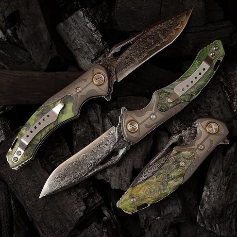VG10 Damascus Steel Folding Knife, Stable Wood with Leather cover and pocket clip, Outdoor Survival Knife Portable EDC Camping, can be used as a gift in Kuwait