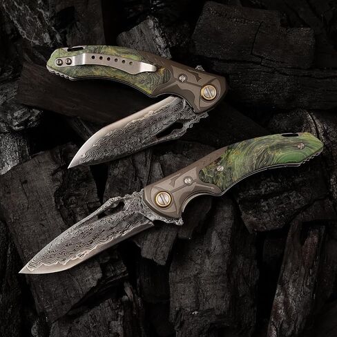VG10 Damascus Steel Folding Knife, Stable Wood with Leather cover and pocket clip, Outdoor Survival Knife Portable EDC Camping, can be used as a gift in Kuwait