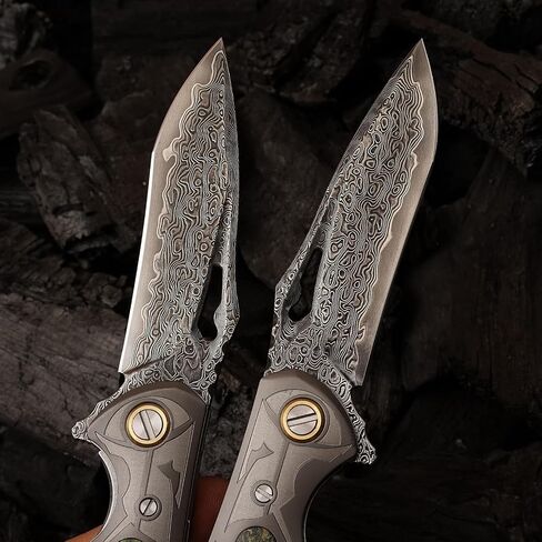 VG10 Damascus Steel Folding Knife, Stable Wood with Leather cover and pocket clip, Outdoor Survival Knife Portable EDC Camping, can be used as a gift in Kuwait