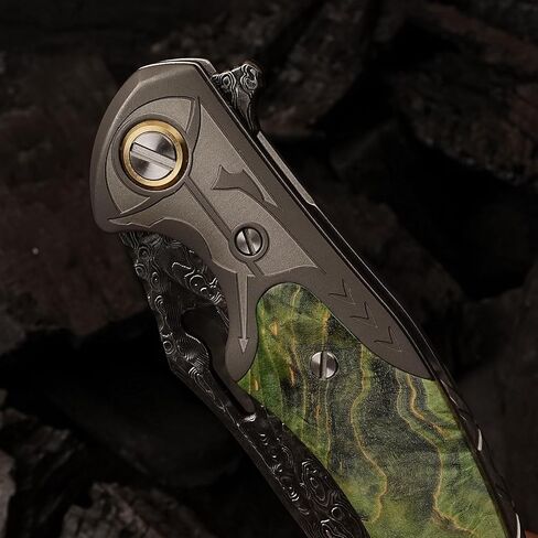 VG10 Damascus Steel Folding Knife, Stable Wood with Leather cover and pocket clip, Outdoor Survival Knife Portable EDC Camping, can be used as a gift in Kuwait