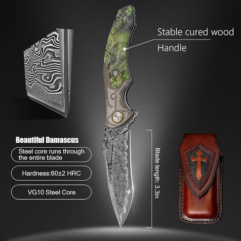 VG10 Damascus Steel Folding Knife, Stable Wood with Leather cover and pocket clip, Outdoor Survival Knife Portable EDC Camping, can be used as a gift in Kuwait