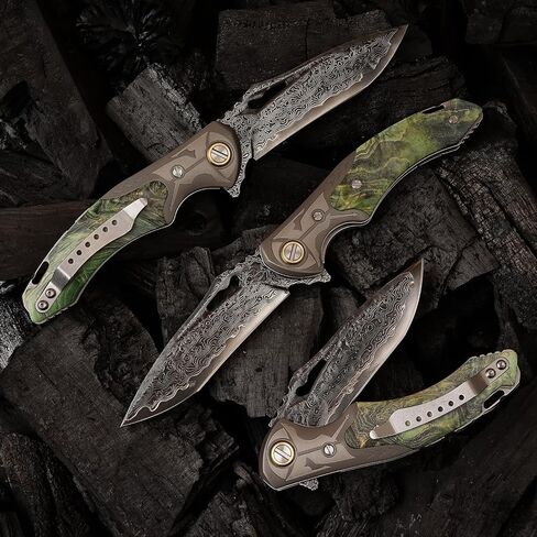 VG10 Damascus Steel Folding Knife, Stable Wood with Leather cover and pocket clip, Outdoor Survival Knife Portable EDC Camping, can be used as a gift in Kuwait