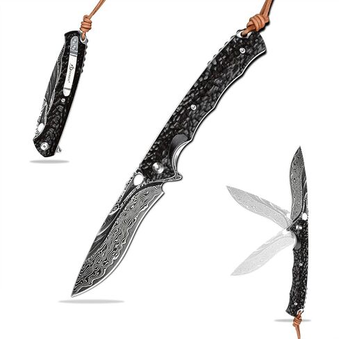Best Handmade Damascus Pocket Knife For Men Flipper Folding Hunting Knives With Liner Lock Clip Camping Survival Gear Edc Knife (Ebony) in Kuwait