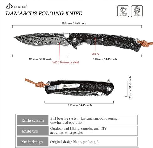 Best Handmade Damascus Pocket Knife For Men Flipper Folding Hunting Knives With Liner Lock Clip Camping Survival Gear Edc Knife (Ebony) in Kuwait