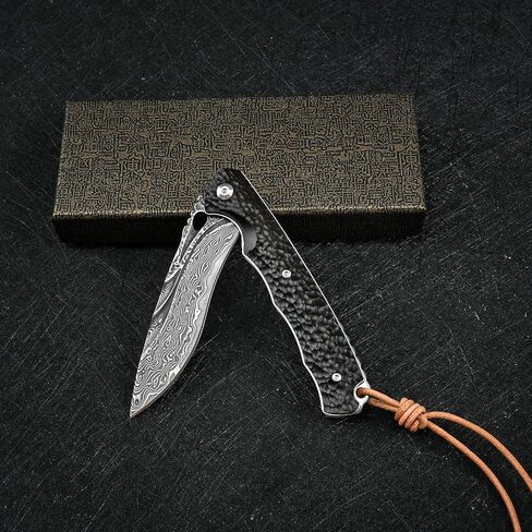 Best Handmade Damascus Pocket Knife For Men Flipper Folding Hunting Knives With Liner Lock Clip Camping Survival Gear Edc Knife (Ebony) in Kuwait