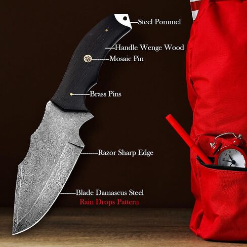 Handmade Damascus Steel Fixed Blade Knife – Outdoor Hunting, Skinning & Bushcraft Tool with Premium Handle + Leather Sheath in Kuwait