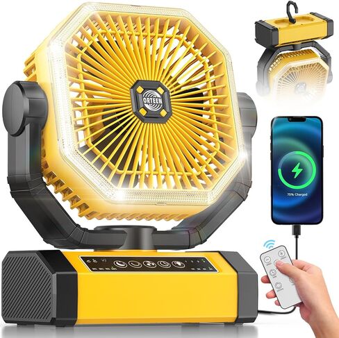 Battery Powered Fan - 9-Inch Rechargeable Fan Portable, 24000mAh(60Hrs) Camping Fans for Tent, Auto Oscillation Cordless, Tent Fans for Camping with Remote/light, 4 Speeds, 4 Timing, Outdoor, Yellow in Kuwait