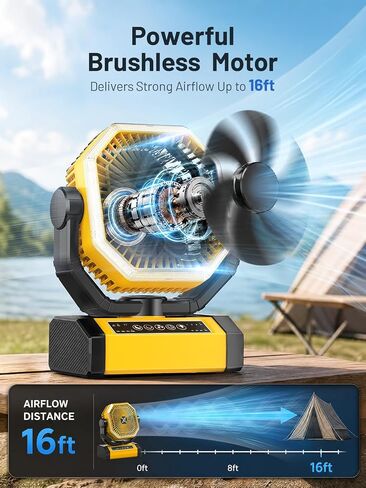 Battery Powered Fan - 9-Inch Rechargeable Fan Portable, 24000mAh(60Hrs) Camping Fans for Tent, Auto Oscillation Cordless, Tent Fans for Camping with Remote/light, 4 Speeds, 4 Timing, Outdoor, Yellow in Kuwait