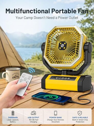 Battery Powered Fan - 9-Inch Rechargeable Fan Portable, 24000mAh(60Hrs) Camping Fans for Tent, Auto Oscillation Cordless, Tent Fans for Camping with Remote/light, 4 Speeds, 4 Timing, Outdoor, Yellow in Kuwait