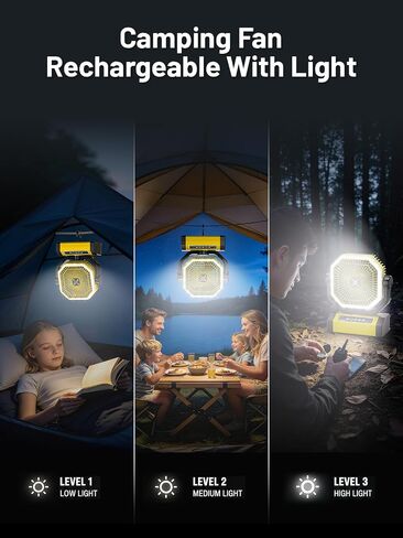 Battery Powered Fan - 9-Inch Rechargeable Fan Portable, 24000mAh(60Hrs) Camping Fans for Tent, Auto Oscillation Cordless, Tent Fans for Camping with Remote/light, 4 Speeds, 4 Timing, Outdoor, Yellow in Kuwait