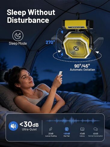 Battery Powered Fan - 9-Inch Rechargeable Fan Portable, 24000mAh(60Hrs) Camping Fans for Tent, Auto Oscillation Cordless, Tent Fans for Camping with Remote/light, 4 Speeds, 4 Timing, Outdoor, Yellow in Kuwait