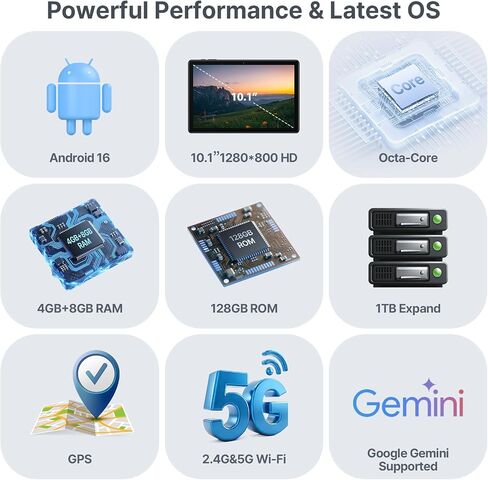 Tablet 10.1 Inch, Android 16 Tablet with 12GB RAM 64GB ROM (TF 2TB), Octa-Core Processor, 5G WiFi Tablets, 7000mAh Battery, GPS, Google Gemini AI Tablet, Tablets for Adults Students Kids 2026 Upgraded in Kuwait