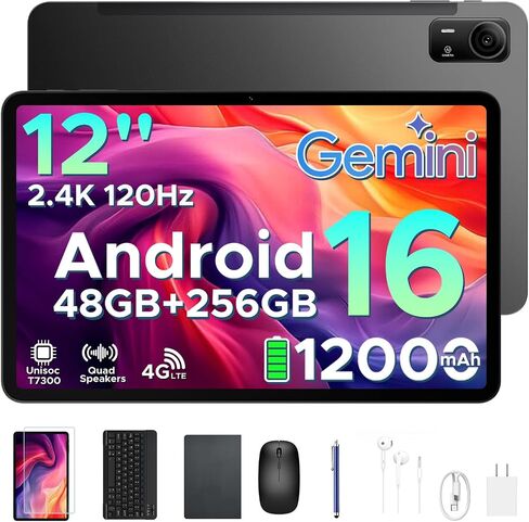P12 Pro 12 Inch Tablet, 2.4K 120Hz Android 16 Tablet with Gemini AI, 48GB+256GB/2TB, 12000mAh, Unisoc T7300 Octa-Core, 13MP+8MP, WiFi 5, Face ID, 4G LTE, Tablet with Keyboard, Pen, Case-Black in Kuwait