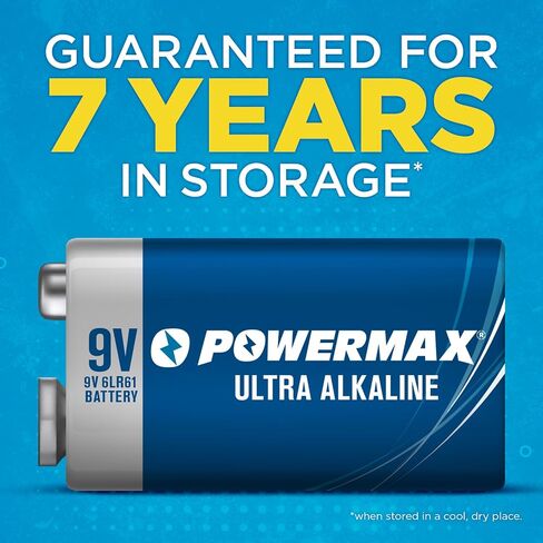 Powermax 8-Count 9V Batteries, Ultra Long Lasting Alkaline Battery for Home and Office, 7-Year Shelf Life, Reclosable Packaging in Kuwait