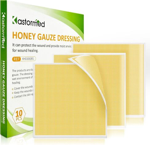Kastormed Honey Gauze Dressing, Manuka Honey Wound Care, Medical Grade Honey Patches for Faster Wound Care, Burn Dressing, Sterile 4'' x 4'' (Pack of 10) in Kuwait
