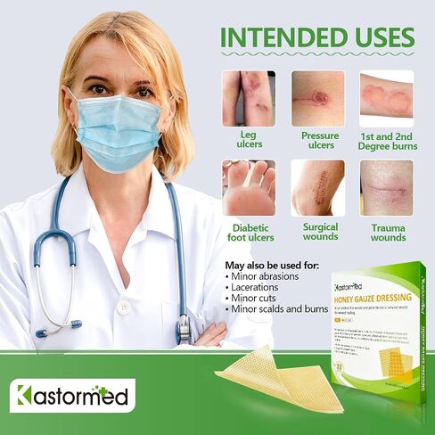 Kastormed Honey Gauze Dressing, Manuka Honey Wound Care, Medical Grade Honey Patches for Faster Wound Care, Burn Dressing, Sterile 4'' x 4'' (Pack of 10) in Kuwait