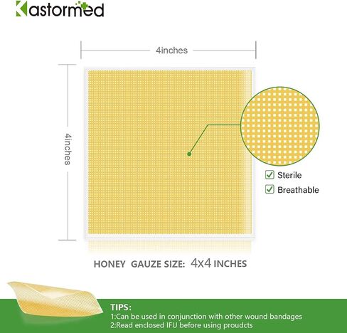 Kastormed Honey Gauze Dressing, Manuka Honey Wound Care, Medical Grade Honey Patches for Faster Wound Care, Burn Dressing, Sterile 4'' x 4'' (Pack of 10) in Kuwait