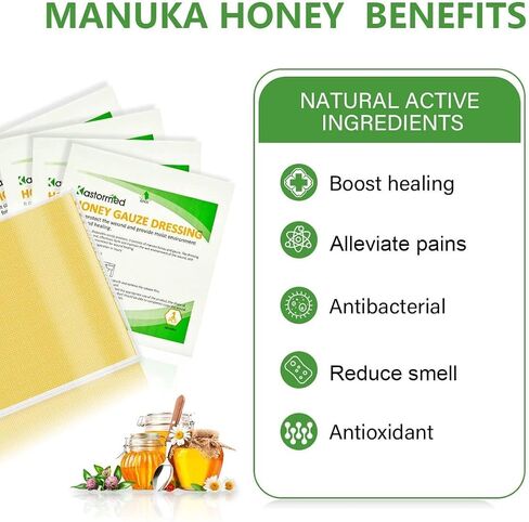 Kastormed Honey Gauze Dressing, Manuka Honey Wound Care, Medical Grade Honey Patches for Faster Wound Care, Burn Dressing, Sterile 4'' x 4'' (Pack of 10) in Kuwait