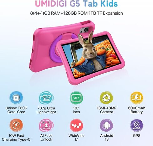 UMIDIGI G5 Tab Kids, Android Tablet for Kids, 8(4+4) G+128G up to 1TB, Bluetooth, WIFI5, Parental Control, Dual Camera, TV Eye Bluelight Tablet, Dual SIM, Pink in Kuwait
