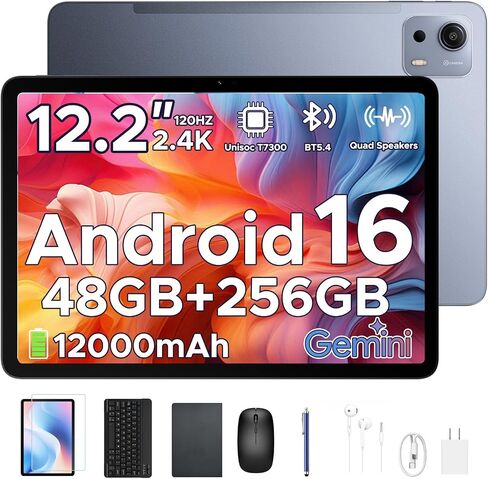 P12 Plus 2026 Latest Tablet Android 16, 2.4K 120 Hz Android Tablet 12.2 Inch, 48GB RAM+256GB ROM/2TB TF, T7300 CPU, 12000mAh, Gemini AI, 13MP+8MP, Widevine L1, WiFi 5, Tablet with Keyboard, Pen- Gray in Kuwait