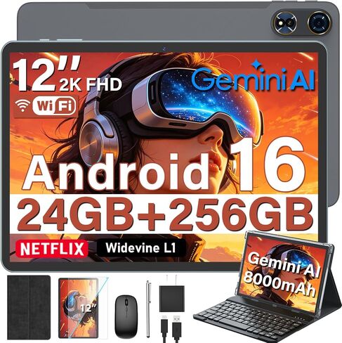 2026 12 Inch Android 16 Tablet with Keyboard, 24GB+256GB+2TB Expand (Black) in Kuwait