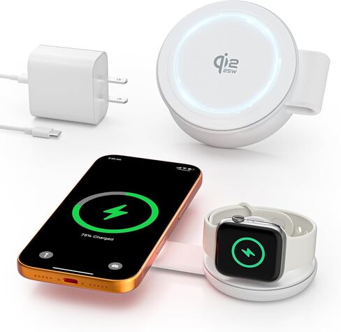 2 in 1 Magnetic Wireless Charger, Qi2 25W Fast Charging Travel Station Pad Compatible with MagSafe for iPhone Air/17/16/15/14/13/12, 5W for Apple Watch, AirPods 4/3/2/Pro with 30W Adapter (Black) in Kuwait