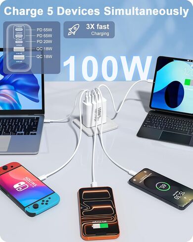 FEEL2NICE 100W USB C Charger Block, 5-Port Fast Wall Charger [3 PD USB-C & 2 QC 3.0 USB-A], Compact Adapter for MacBook Pro, iPad, iPhone 17/16/15 Pro Max, Galaxy S26/S25 Ultra, Laptop in Kuwait