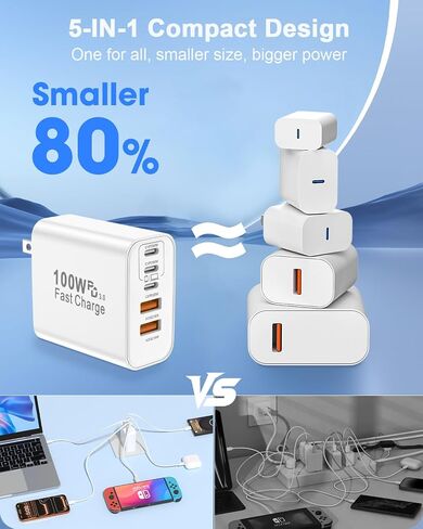 FEEL2NICE 100W USB C Charger Block, 5-Port Fast Wall Charger [3 PD USB-C & 2 QC 3.0 USB-A], Compact Adapter for MacBook Pro, iPad, iPhone 17/16/15 Pro Max, Galaxy S26/S25 Ultra, Laptop in Kuwait