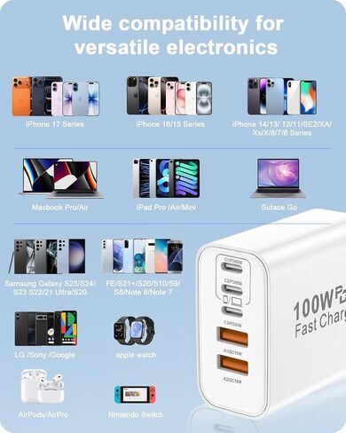 FEEL2NICE 100W USB C Charger Block, 5-Port Fast Wall Charger [3 PD USB-C & 2 QC 3.0 USB-A], Compact Adapter for MacBook Pro, iPad, iPhone 17/16/15 Pro Max, Galaxy S26/S25 Ultra, Laptop in Kuwait