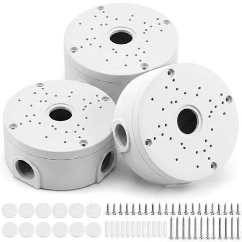 QWORK 3 Pcs Universal Security Camera Junction Box 4.72" Round Mount Bracket – Rainproof Electrical Enclosure for IP Dome Bullet Camera, Indoor Outdoor Wall Ceiling Cable Base Boxes in Kuwait