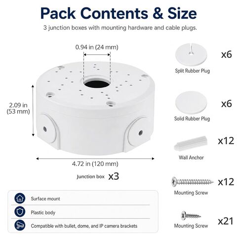 QWORK 3 Pcs Universal Security Camera Junction Box 4.72" Round Mount Bracket – Rainproof Electrical Enclosure for IP Dome Bullet Camera, Indoor Outdoor Wall Ceiling Cable Base Boxes in Kuwait