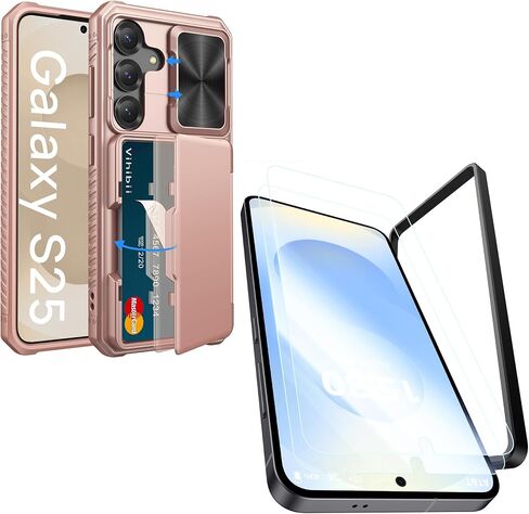 Vihibii for Samung Galaxy S25 Case with Card Holder & Screen Protector [2 Pack] & Slide Camera Cover, Bulit-in 9H Hardness & HD Tempered Glass Film with Easy Installation Tool 6.2", Rose Gold in Kuwait
