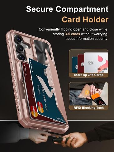 Vihibii for Samung Galaxy S25 Case with Card Holder & Screen Protector [2 Pack] & Slide Camera Cover, Bulit-in 9H Hardness & HD Tempered Glass Film with Easy Installation Tool 6.2", Rose Gold in Kuwait