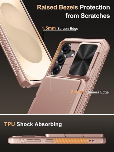Vihibii for Samung Galaxy S25 Case with Card Holder & Screen Protector [2 Pack] & Slide Camera Cover, Bulit-in 9H Hardness & HD Tempered Glass Film with Easy Installation Tool 6.2", Rose Gold in Kuwait
