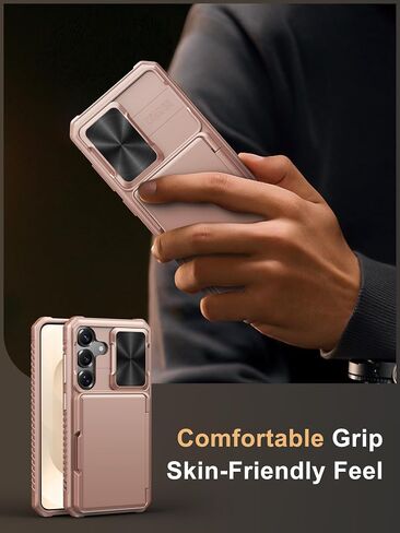 Vihibii for Samung Galaxy S25 Case with Card Holder & Screen Protector [2 Pack] & Slide Camera Cover, Bulit-in 9H Hardness & HD Tempered Glass Film with Easy Installation Tool 6.2", Rose Gold in Kuwait