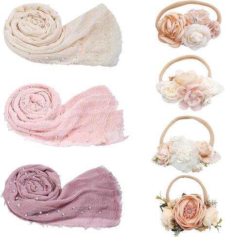 7 Pcs Newborn Photography Props Wrap Kits 3 Pcs Baby Wraps 4 Pcs Flower Headband Baby Photoshoot Props Photo Supplies for Boy Girl Infant Toddler (Type 2) in Kuwait