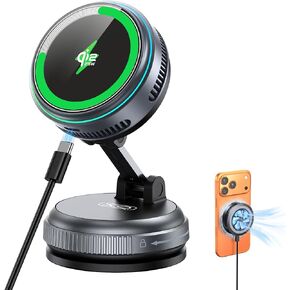 Qi2.2 Magnetic Car Mount Charger【25W Fast Charging+Ice-Cooling】 360° Rotating Fast Wireless Charger Stand with Cooling Fan/LED Light,Vacuum Magnetic Phone Holder Compatible with iPhone 12-17, S26/S25 in Saudi Arabia