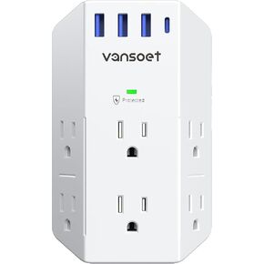 Wall Outlet Extender, Vansoet 6 Outlet Splitter with 4 USB Ports(1 USB C PD 20W), 2100J Surge Protector Power Strip, 3 Side Multi Plug Outlet for Travel, Home, Office, Dorm in Kuwait