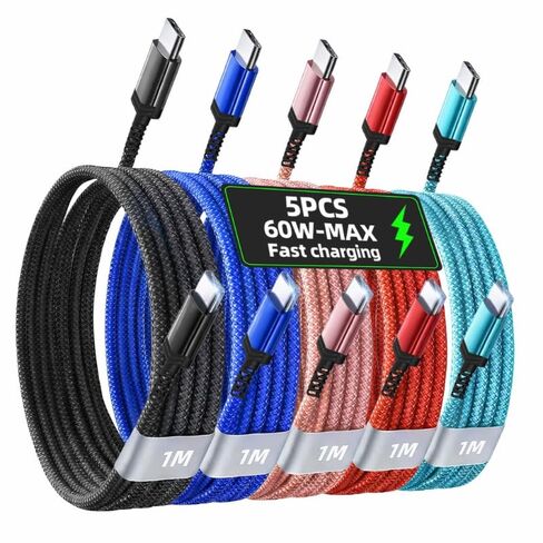 5Pcs USB C to USB C Cable 60W PD 5A Fast Charging, Type C Charger Cord for Smartphones, Tablets and Laptops, 3.3FT/6.6FT (Black Blue Red Green RoseGolden,200cm=6.6ft=78.7inch) in Kuwait