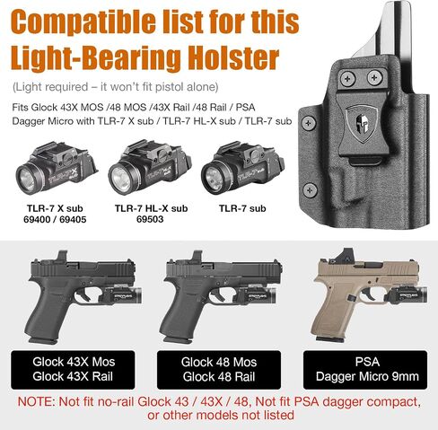WARRIORLAND IWB TLR-7 Sub Light-Bearing Holster, Fits Glock 43X MOS, Kydex in Kuwait