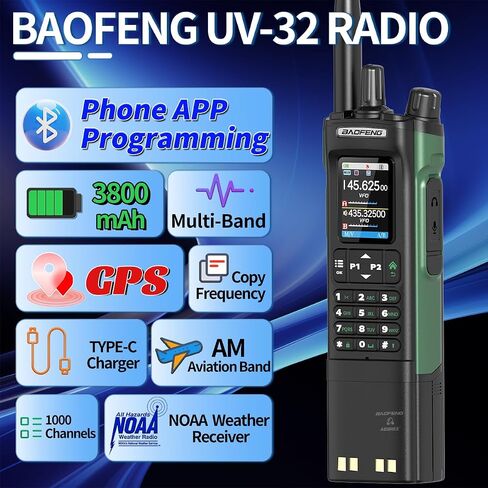 BAOFENG UV-32 Ham Radio Long Range 10W Rechargeable Walkie Talkies UV32 5RM 3800mAh Handheld Two Way Radio NOAA Weather Radio with GPS,APP Programming,Copy Frequency,USB-C Charging for Survival Gear in Kuwait