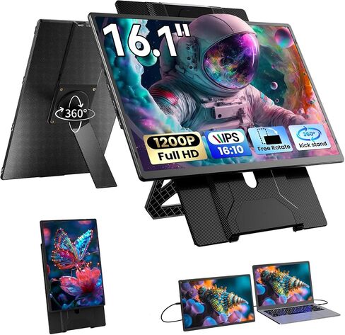 Blackview 16.1" Portable Monitor for Laptop, 1200P FHD Laptop Monitor Extender, 360° Rotating Detachable Magnetic Stand, Plug & Play with HDMI/USB-A/Type-C, Extra Screen for Windows/Mac/Linux/Android in Saudi Arabia