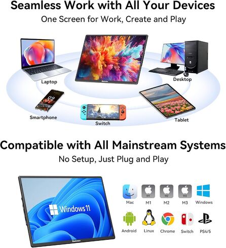 Blackview 16.1" Portable Monitor for Laptop, 1200P FHD Laptop Monitor Extender, 360° Rotating Detachable Magnetic Stand, Plug & Play with HDMI/USB-A/Type-C, Extra Screen for Windows/Mac/Linux/Android in Saudi Arabia