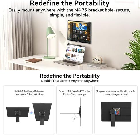 Blackview 16.1" Portable Monitor for Laptop, 1200P FHD Laptop Monitor Extender, 360° Rotating Detachable Magnetic Stand, Plug & Play with HDMI/USB-A/Type-C, Extra Screen for Windows/Mac/Linux/Android in Saudi Arabia