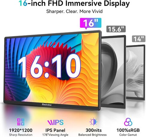 Blackview 16.1" Portable Monitor for Laptop, 1200P FHD Laptop Monitor Extender, 360° Rotating Detachable Magnetic Stand, Plug & Play with HDMI/USB-A/Type-C, Extra Screen for Windows/Mac/Linux/Android in Saudi Arabia