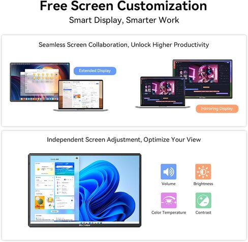 Blackview 16.1" Portable Monitor for Laptop, 1200P FHD Laptop Monitor Extender, 360° Rotating Detachable Magnetic Stand, Plug & Play with HDMI/USB-A/Type-C, Extra Screen for Windows/Mac/Linux/Android in Saudi Arabia