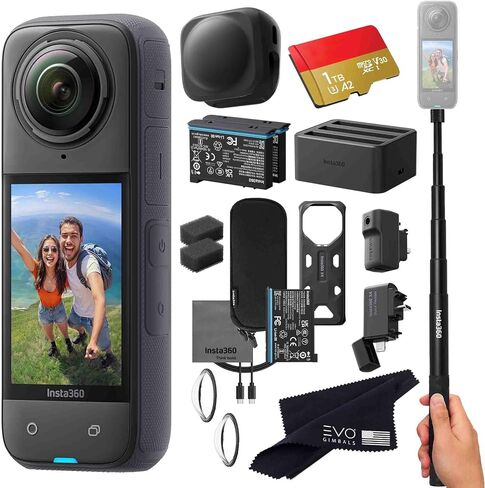 Insta360 X4 Pro Bundle-8K Waterproof 360 Action Camera with 8K 360 HDR Video, |Bundle Includes Selfie Stick, Extra 2 Batteries, Charger, Quick Reader, Mic Adapter, Lens Cap, Wind Muff (1TB) in Kuwait