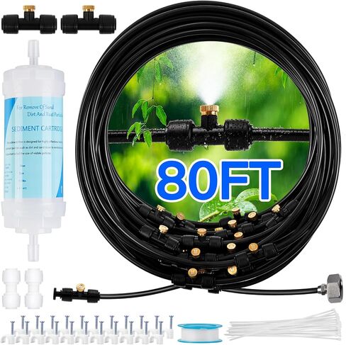 Misters for Outside Patio with Water Filter - 59Ft(18M) Misting system Line 20 Brass Mist Nozzles Brass Adapter(3/4") Patio Misters for Cooling Outdoor Greenhouse Backyard Porch Garden BBQ Party Pool in Kuwait